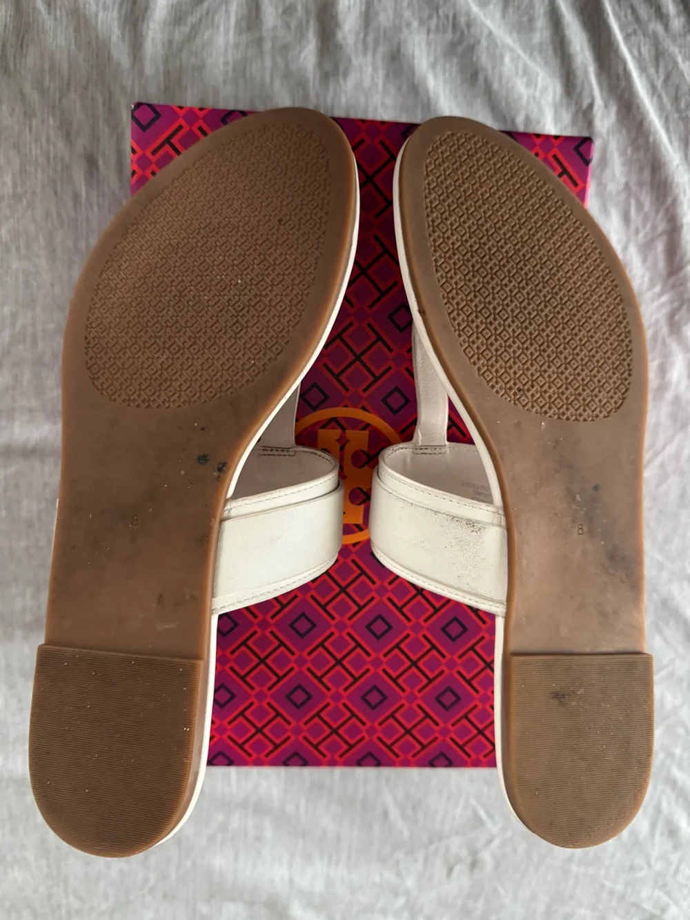 Tory Burch White Leather Thong Sandals with Gold Chain Accent